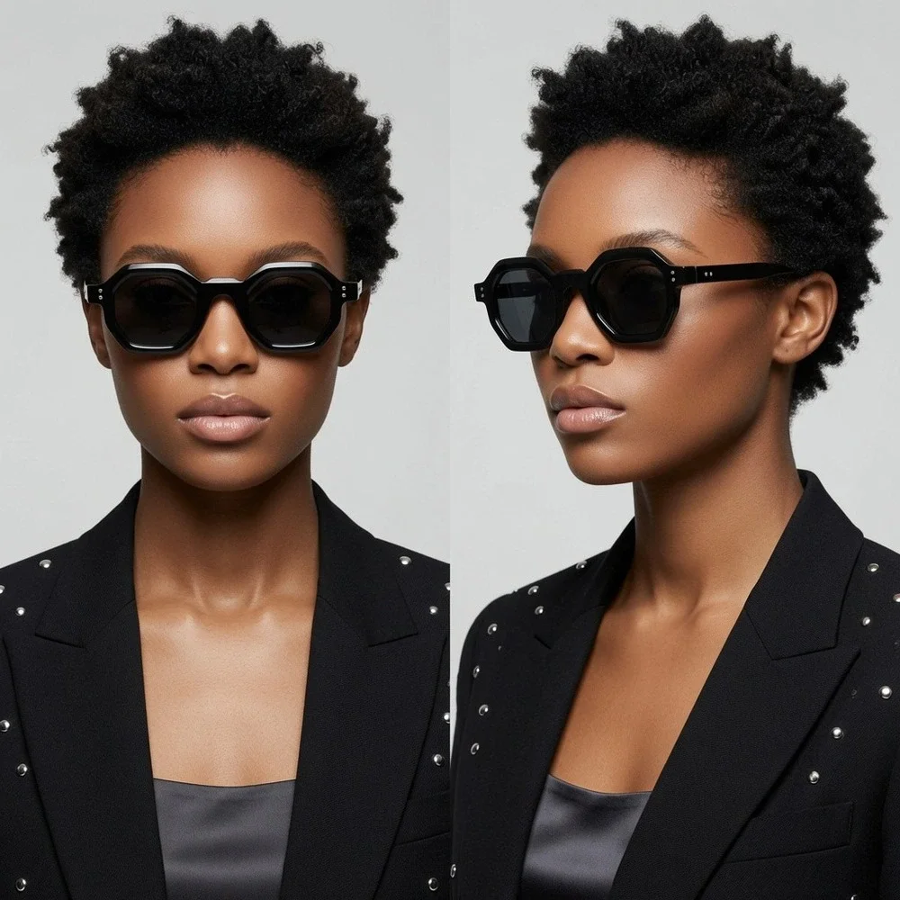 Women Stylish‎ Black Polygon Glasses Highlight Bold Contemporary Look Sunglasses